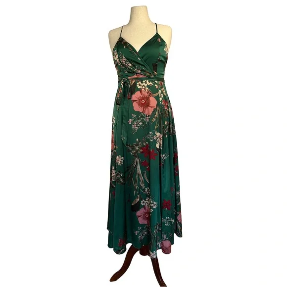 Lulus Still the One Emerald Green Floral Print Satin Maxi Dress | Size Large - Picture 2 of 8